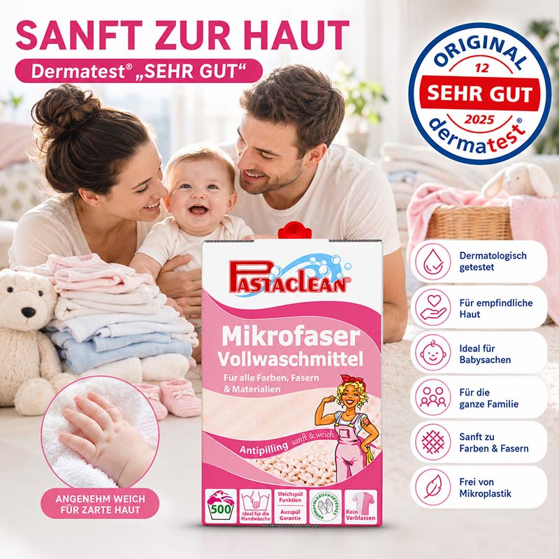 Pastaclean Mikrofaser Vollwaschmittel 5 Liter, Antipilling, dermatologisch getestet, weich für empfindliche Haut, ideal für Babysachen, ohne Mikroplastik, geeignet für alle Farben, Fasern und Materialien, 500 Waschladungen.