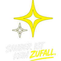 Grafik mit gelben Sternen und dem Slogan "Sauber ist kein Zufall". Keywords: Reinigung, Sauberkeit, Glanz, Putzmittel, Hygiene, Sauberkeitsslogan.