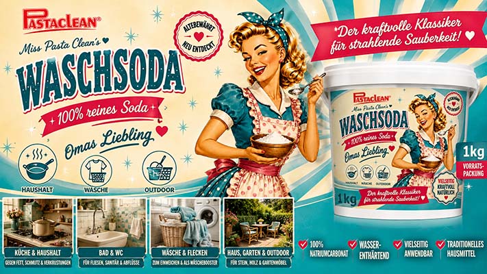 Pastaclean Waschsoda 100% reines Soda, für Haushalt, Wäsche und Outdoor, zur Reinigung in Küche, Bad, Garten und von Flecken auf Textilien, traditionelle Hausmittel, 1kg Vorratspackung