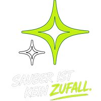 Sternförmiges Symbol mit Text "Sauber ist kein Zufall", Reinigung, Sauberkeit, Glanz, Hygiene, Werbeslogan, Putzmittel, Sauberkeitskampagne, Marketinggrafik, visuelle Darstellung von Reinigungs- und Hygieneprodukten