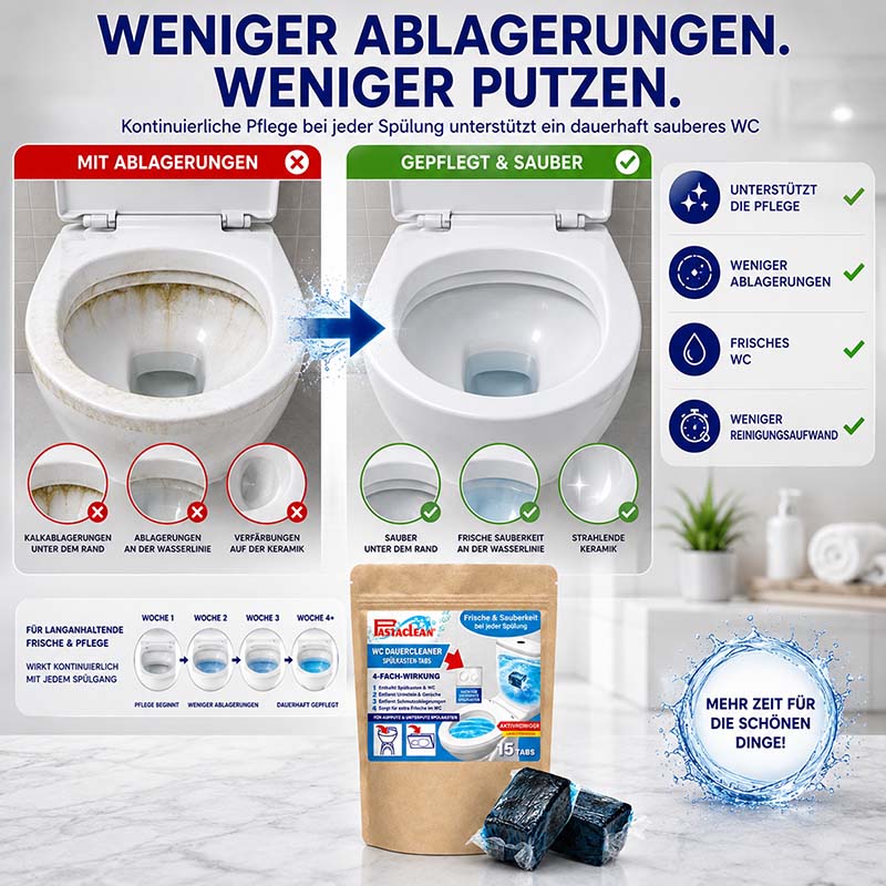 Spülkasten Tabs, 15 Stück, Aktivreiniger für sauberes WC, reduziert Ablagerungen, Kalk und Verfärbungen, dauerhafte Frische, einfache Anwendung bei jeder Spülung, weniger Reinigungsaufwand, WC-Pflege, frisches Wasser.