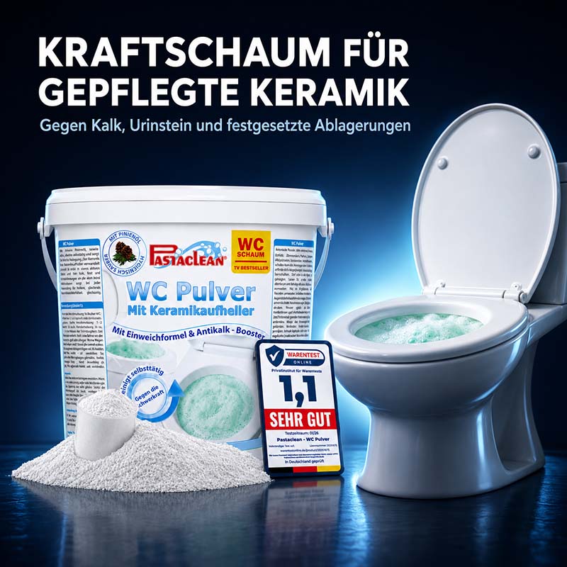 Pastaclean WC Schaum Reiniger 1 kg entfernt Kalk und Urinstein, ideal für Toilettenpflege in Badezimmer und WC.