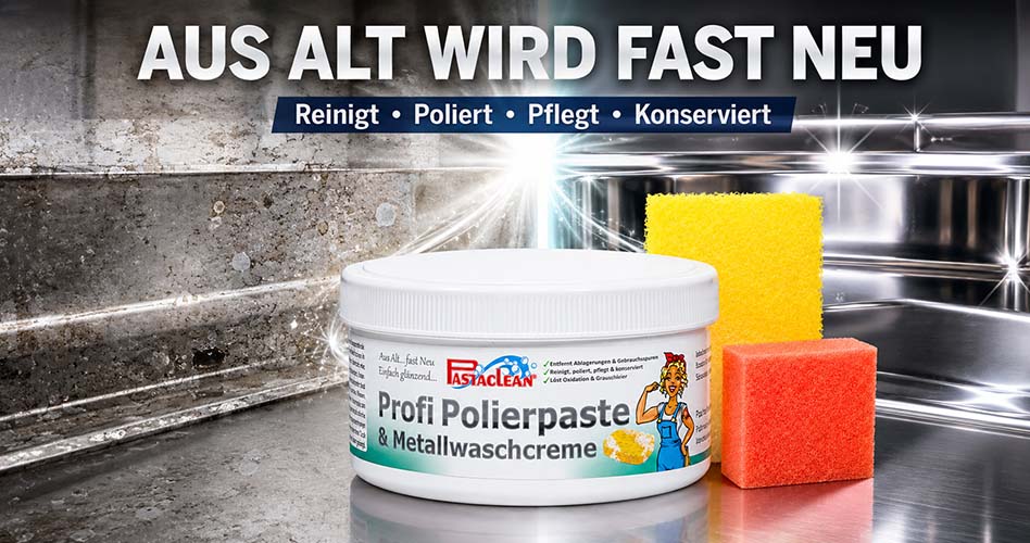 Polierpaste Produktbild, reinigt, poliert, pflegt, konserviert, enthält Metallwaschcreme, Anwendung für glänzende Oberflächen, inkl. Reinigungsschwämme, ideal für Autopflege, Haushalt, Metallreinigung, Küchenoberflächen, sauberes Finish, Pflegeprodukte.