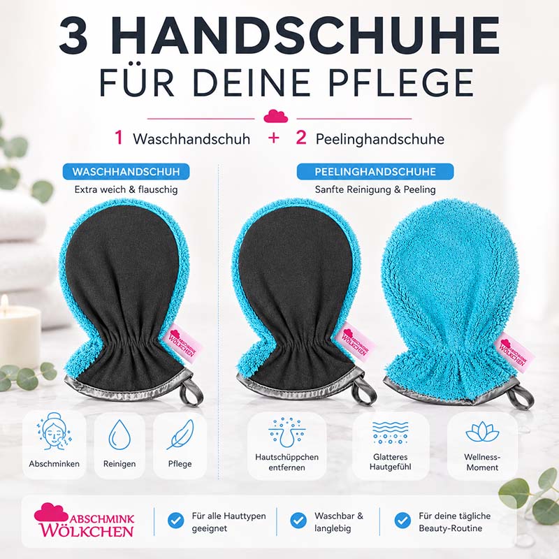 Abschmink Wölkchen Peelinghandschuh & Waschhandschuh Set, türkis, für sanfte Gesichtsreinigung, Peeling, Dusche und Make-up Entfernung, geeignet für alle Hauttypen, waschbar und langlebig.