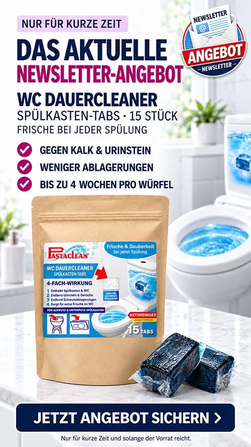 Pastaclean WC Dauercleaner Spülkastentabs zur Kalk- und Urinsteinentfernung im WC, sorgt für Frische und Sauberkeit bei jeder Spülung, 15 Stück, geeignet für Spülkästen, bietet langanhaltende Wirkung bis zu 4 Wochen pro Tab.