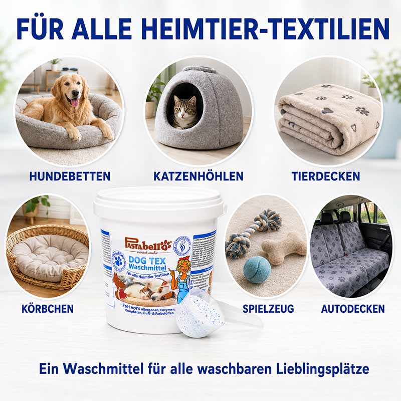Pastaclean Hundebett Waschmittel  für Hunde- und Katzentextilien, hypoallergenes Spezialwaschmittel für Körbchen, Decken und Spielzeug, geeignet für alle waschbaren Heimtiere-Typen.