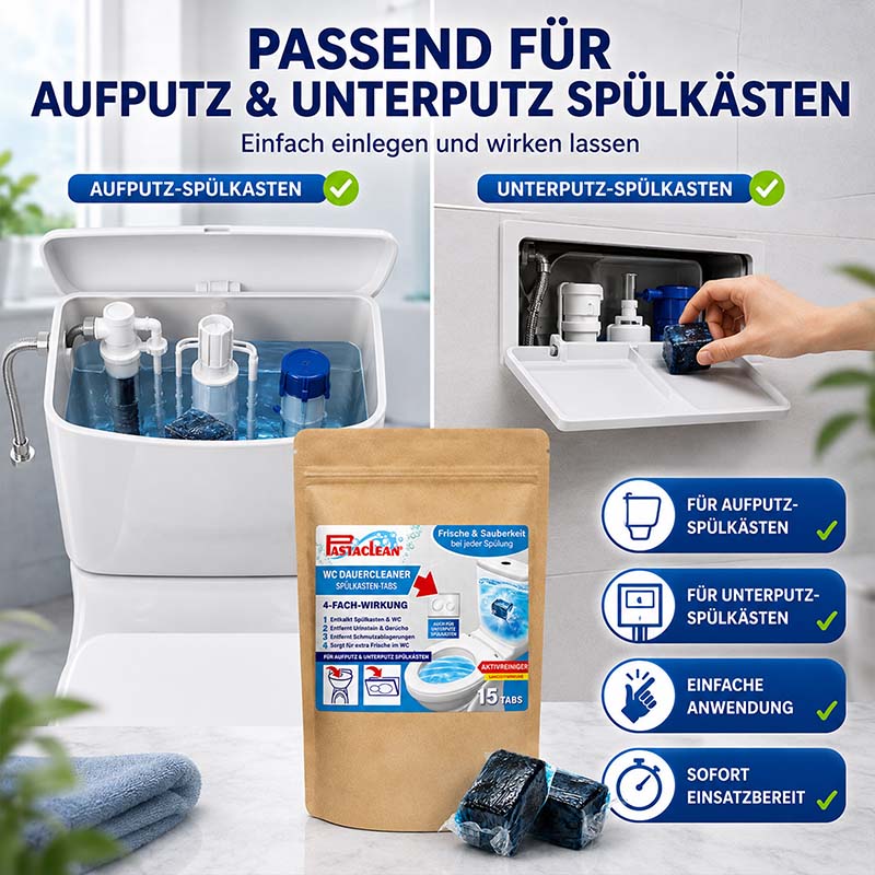Spülkasten Tabs für Aufputz- und Unterputzspülkästen, Wasserkastenwürfel mit Aktivreiniger, 15 Stück, einfache Anwendung, sofort einsatzbereit, Reinigungstabletten für WC, Frische und Sauberkeit bei jeder Spülung, 4-fach-Wirkung, FastClean
