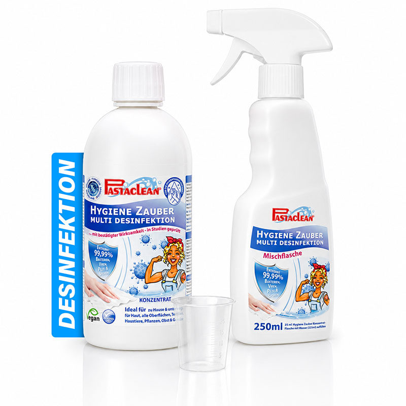 Pastaclean Hygiene Zauber Desinfektionsmittel Konzentrat 500ml zur Reinigung und Desinfektion von Oberflächen, entfernt 99,99% Bakterien, Viren, Pilze, ideal für Zuhause und öffentliche Bereiche.