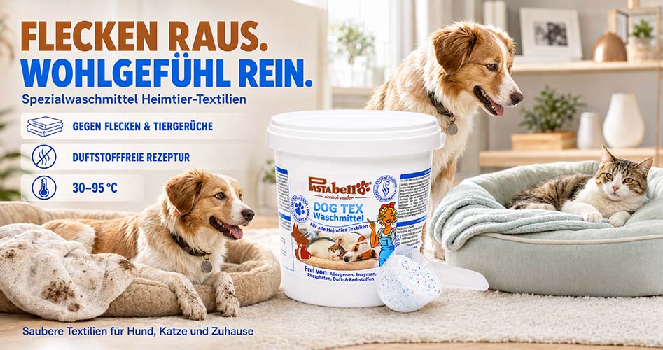 Pastabello Dog Tex Spezialwaschmittel für Heimtier-Textilien, duftstofffreie Rezeptur, geeignet für Hund, Katze und Zuhause, gegen Flecken und Tiergerüche, Anwendungstemperatur 30-95°C