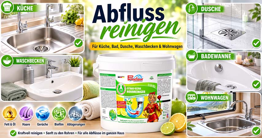 Pastaclean Citrus-Ultra Rohrreiniger für Küche, Bad, Dusche, Waschbecken und Wohnwagen zur kraftvollen Entfernung von Fett, Öl, Haare, Gerüche, Biofilm und Ablagerungen in Abflüssen.