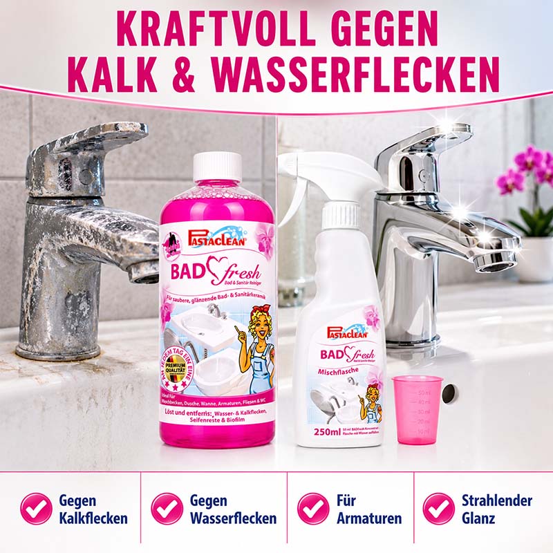 Badfresh Sanitärreiniger 1 Liter gegen Kalk und Wasserflecken, geeignet für Bad, Armaturen, sorgt für strahlenden Glanz, Reinigungslösung für Dusche, Wanne, Fliesen, Seifenreste, Biofilm Entfernung, Reinigungskraft.