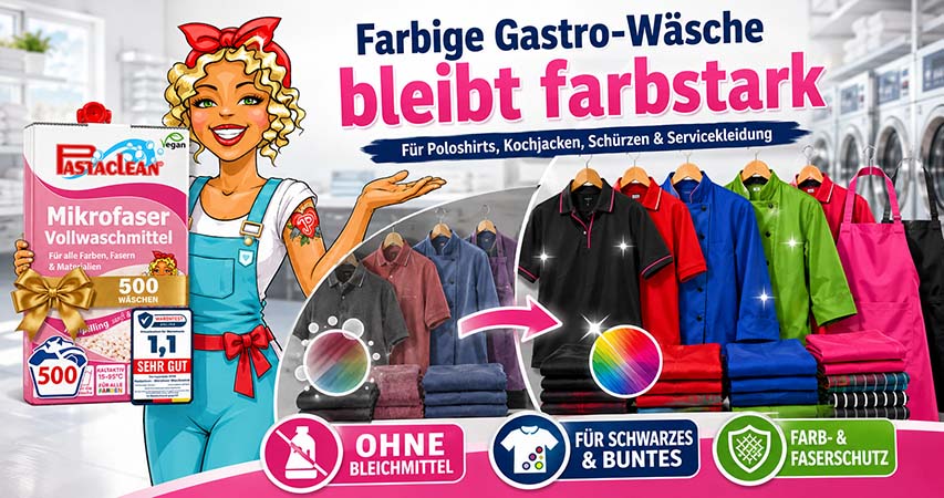 Pastaclean Mikrofaser Vollwaschmittel für farbige Gastro-Wäsche, ideal für Poloshirts, Kochjacken und Arbeitskleidung, ohne Bleichmittel, mit Farb- und Faserschutz, für schwarze und bunte Textilien.