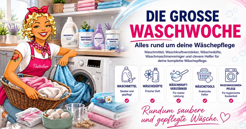 Pastaclean Waschmittel Kollektion für effektive Wäschepflege, inklusive Waschkraftverstärker, Waschdüfte und Reinigungstools für saubere, gepflegte Kleidung und Textilien.