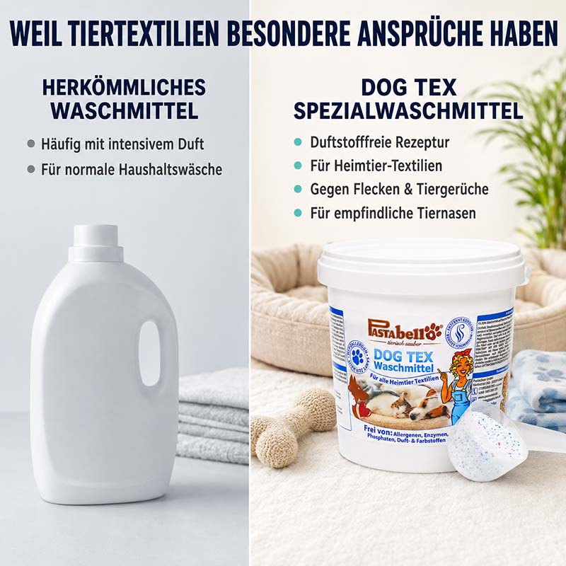 Pastaclean Dog Tex Spezialwaschmittel 1 kg für Hunde- und Katzentextilien, hypoallergen, duftstofffreie Rezeptur, entfernt Flecken und Tiergerüche, geeignet für empfindliche Tiernasen, Heimtier-Textilien Reinigung.