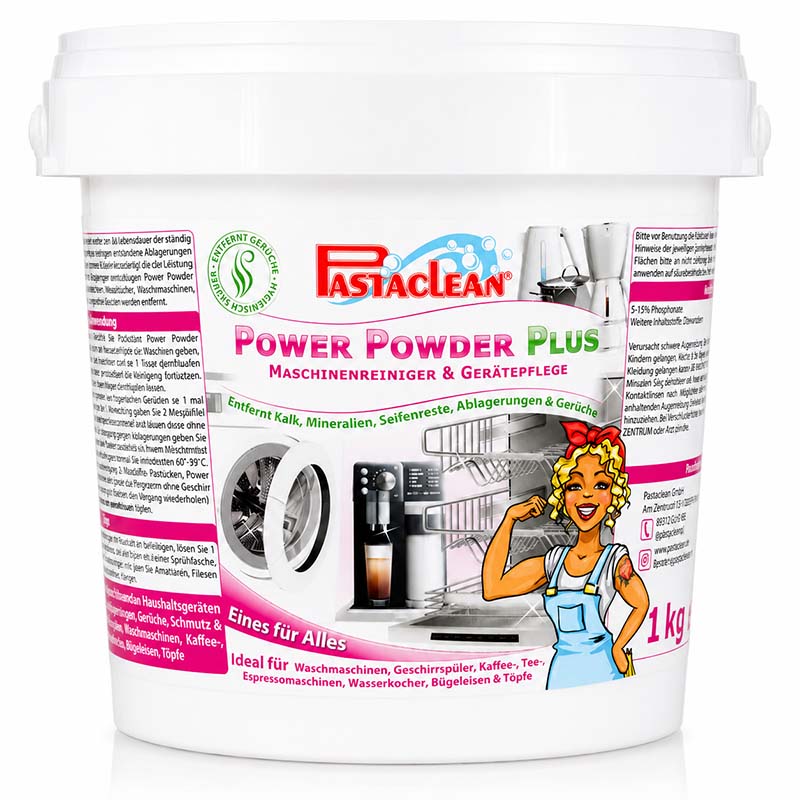 Pastaclean Power-Powder Plus Maschinenreiniger zur Entfernung von Kalk, Ablagerungen und Gerüchen, geeignet für Waschmaschinen, Geschirrspüler, Kaffee- und Espressomaschinen, 1 kg.