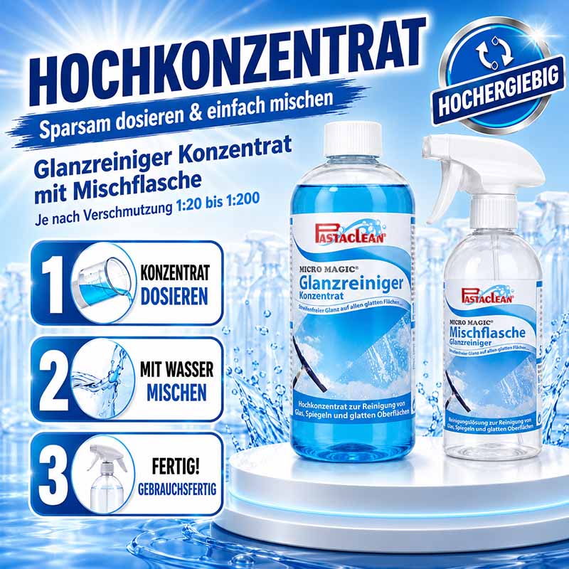 Pastaclean Micro Magic Glasreiniger Konzentrat, 750 ml, für die Reinigung von Glas, Spiegeln und glatten Oberflächen, hochkonzentriert und einfach zu mischen mit Mischflasche für effektive Sauberkeit.