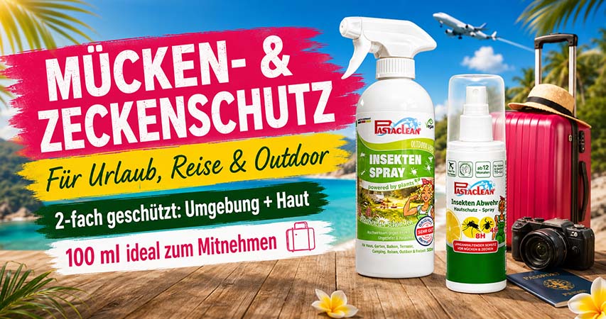 Pastaclean Insektenspray Mücken- und Zeckenschutz für Urlaub, Reise und Outdoor, 2-fach Schutz für Umgebung und Haut, ideal zum Mitnehmen, 100 ml