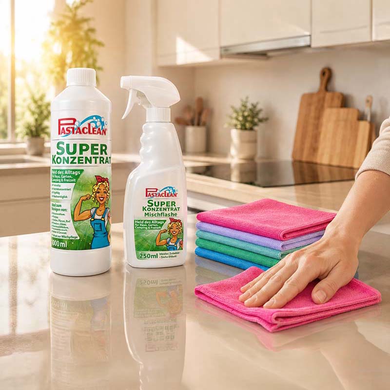 Küche und Oberflächen reinigen mit Pastaclean Reiniger und Putztuch