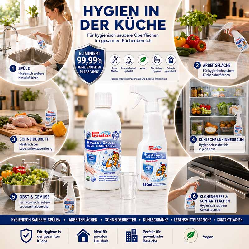 Pastaclean Flächendesinfektion Konzentrat 500 ml, Desinfektionsmittel für hygienisch saubere Oberflächen im Küchenbereich, ideal für Spüle, Arbeitsfläche, Schneidebrett, Kühlschrankinnenraum, vegan, ohne Alkohol.