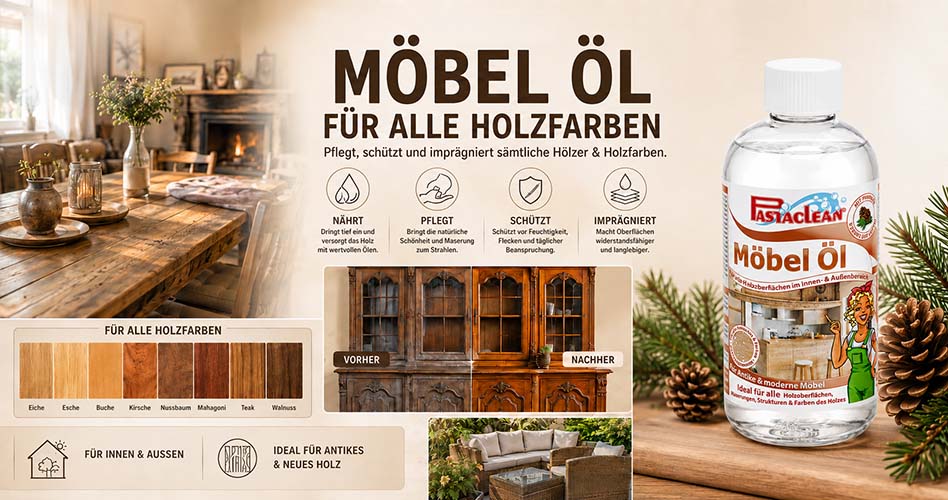 Pastaclean Möbel Öl für alle Holzfarben, pflegt, schützt und imprägniert sämtliche Hölzer, ideal für antikes und neues Holz im Innen- und Außenbereich.