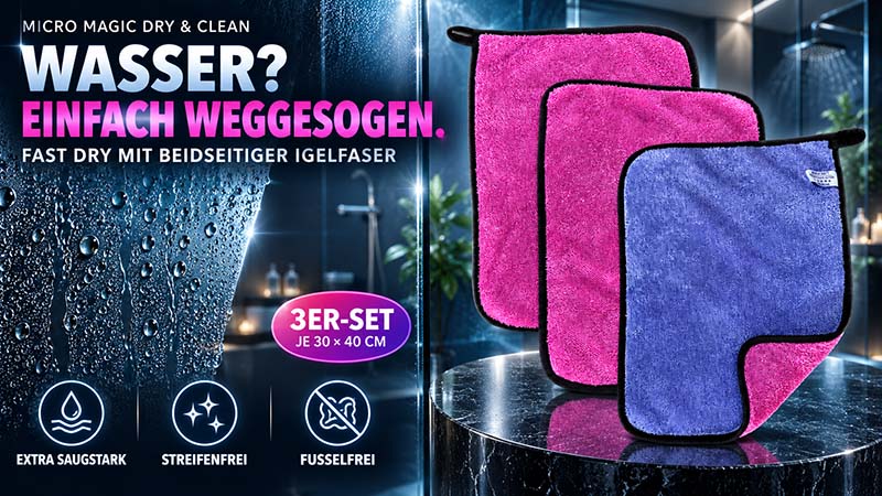 Micro Magic Dry & Clean Tuchset, 3er-Set je 30x40cm, aus beidseitiger Igelfaser, extra saugstark, streifenfrei, fusselfrei, ideal zum schnellen Trocknen und Reinigen von Oberflächen in Bad und Haushalt.