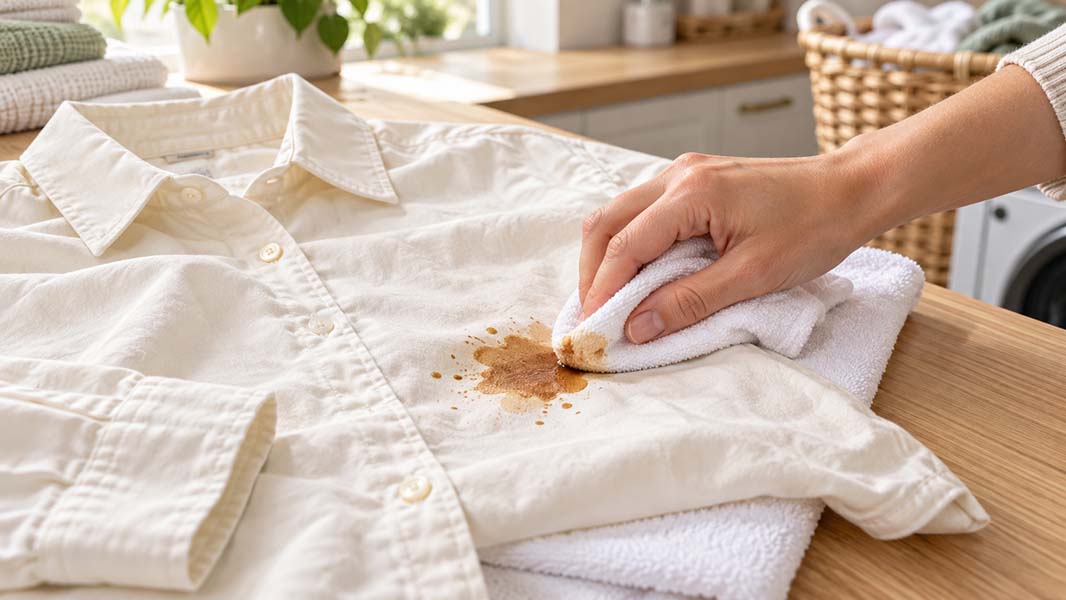 Fleck auf einem Kleidungsstück wird behandelt