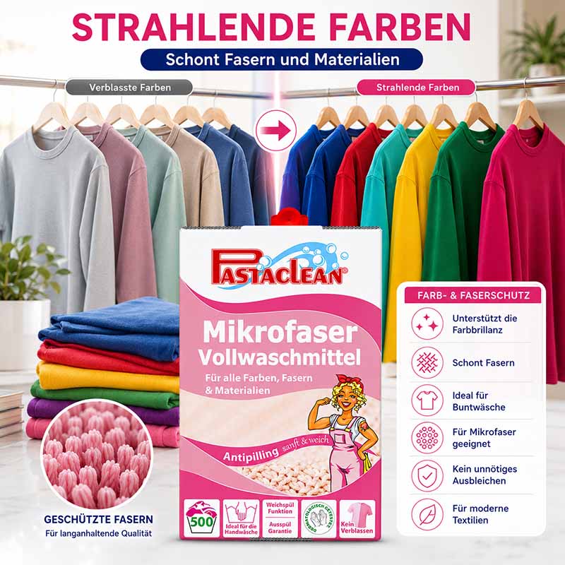 Pastaclean Mikrofaser Vollwaschmittel 5 Liter, Antipilling-Effekt, schont Fasern und Materialien, unterstützt Farbbrillanz, ideal für Mikrofaser und Buntwäsche, 500 Waschladungen, kräftige Farben, Faserschutz, Kein Verbleichen, sanft und weich.