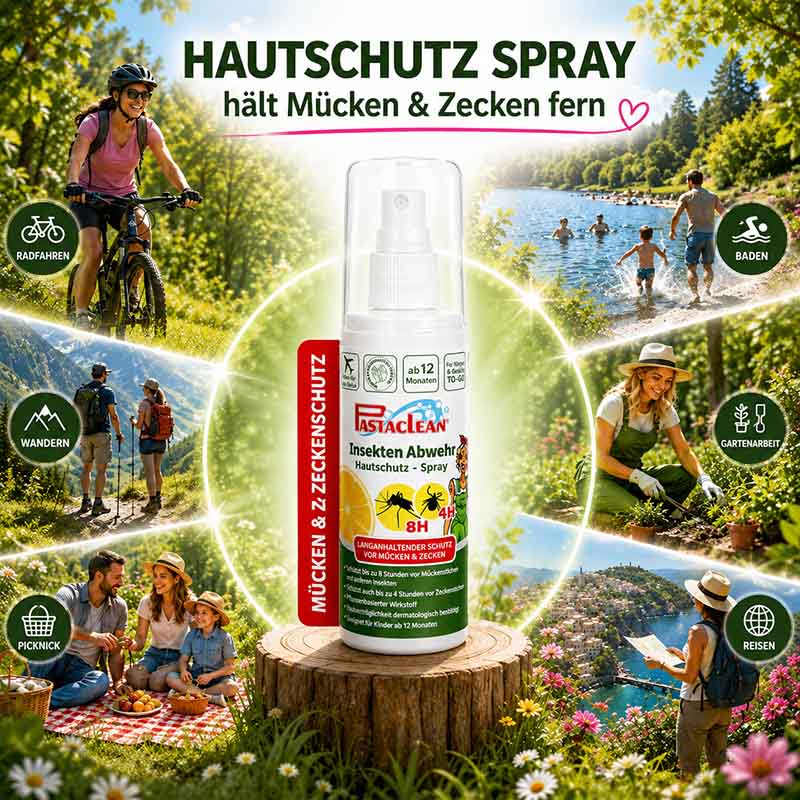 Pastaclean Insektenschutz Hautschutz Spray, langanhaltender Schutz gegen Mücken, Zecken und Stechfliegen, ideal für Outdoor-Aktivitäten wie Wandern, Radfahren, Gartenarbeit und Reisen, 100 ml
