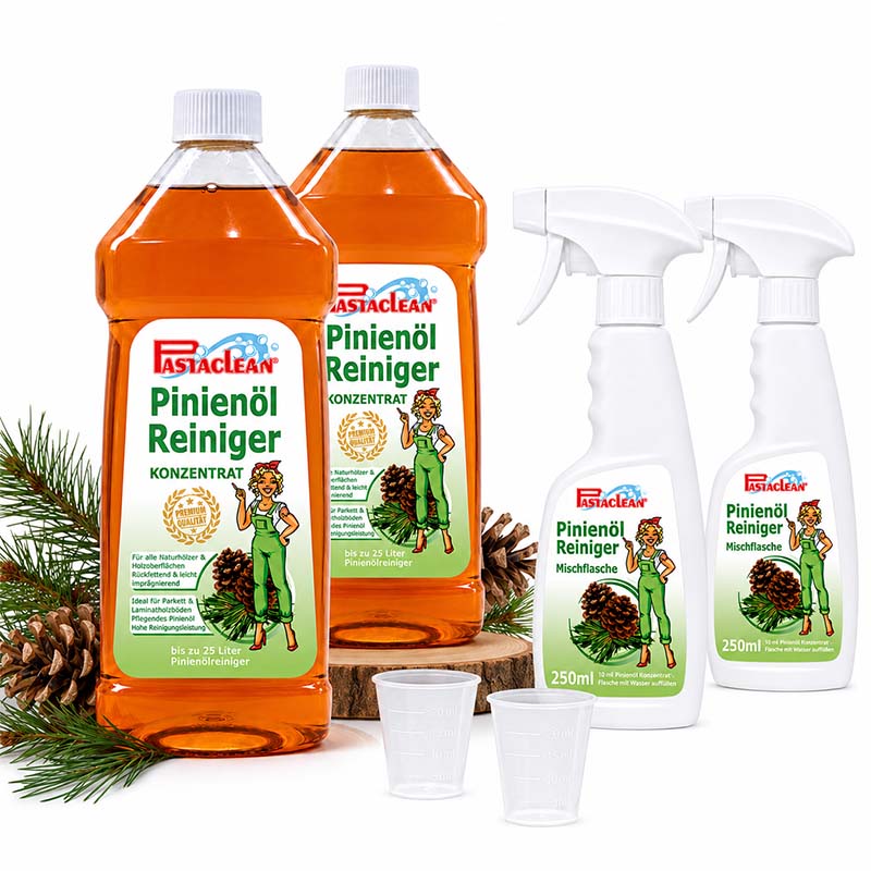 Pinienöl Reiniger Konzentrat 2x 750ml Flaschen mit zwei Mischflaschen zu je 250ml und zwei Messbechern. Ideal für natürliche Reinigung, Parkett- und Holzbodenpflege. Produktbild mit Flaschen und Kiefernzweigen.
