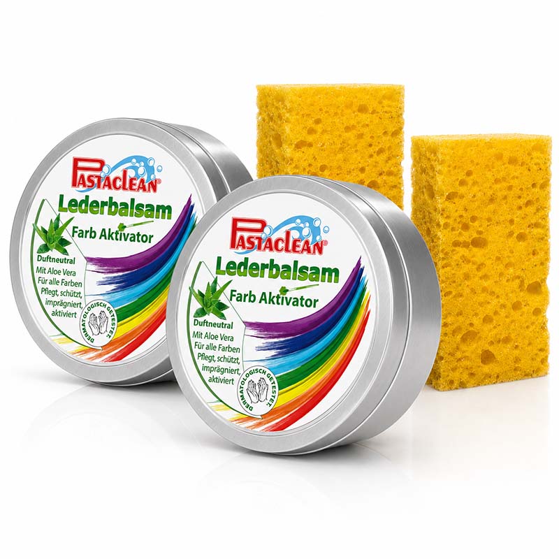 Pastaclean Lederbalsam Set, farbneutral, mit Aloe Vera, 2x 250 ml zur Lederpflege und Farbauffrischung, inklusive Schwamm, schützt, imprägniert und aktiviert Farben für alle Lederarten.
