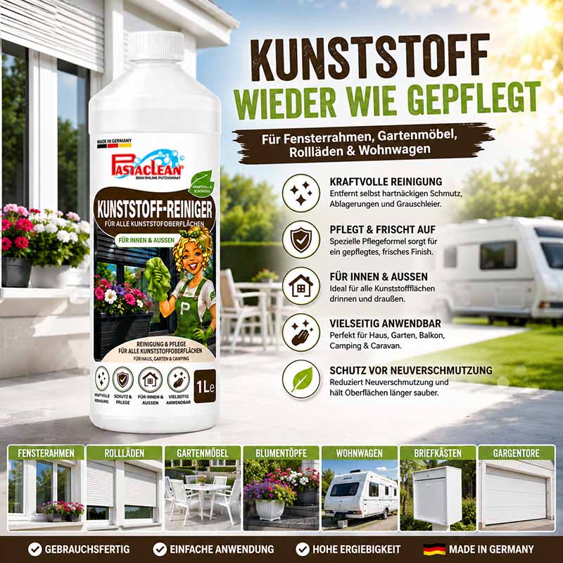 Pastaclean Kunststoffreiniger für Fensterrahmen, Gartenmöbel, Rollläden und Wohnwagen, 1 Liter, kraftvolle Reinigung und Pflege, geeignet für Innen- und Außenbereich, vielseitig anwendbar im Haus, Garten und Camping.