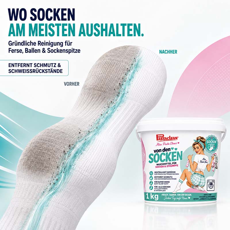 Pastaclean Waschmittel für Socken und Strümpfe, Spezialwaschmittel gegen Schweißgeruch, gründliche Reinigung für Ferse, Ballen und Sockenspitze, entfernt Schmutz und Schweißrückstände, 1 kg Verpackung