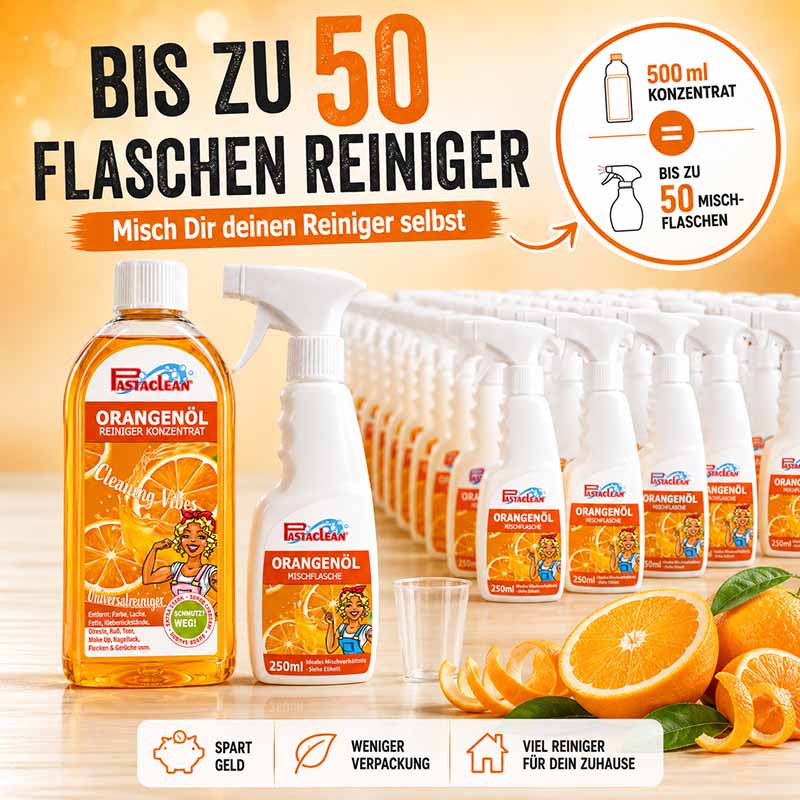Pastaclean Orangenöl Reiniger Konzentrat mit Mischflasche und Orangen, bis zu 50 Flaschen Reiniger selbst mischen
