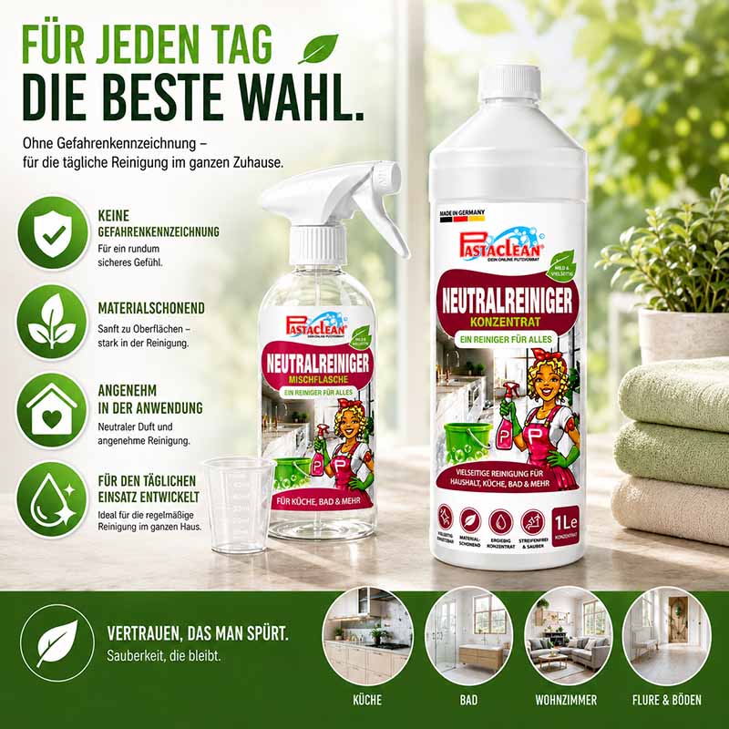 Pastaclean Neutralreiniger Konzentrat 1 L Allzweckreiniger für Küche, Bad, Böden und Fenster, materialschonend und sicher in der Anwendung für tägliche Reinigung im Haushalt.