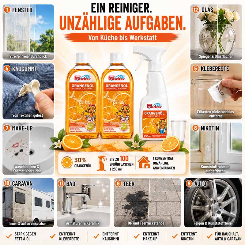 Pastaclean Orangenöl Reiniger Konzentrat für Glas, Fenster, Caravan, Auto, Badezimmer und Haushalt, entfernt Klebereste, Nikotin, Kaugummi und Make-up, mit 30% Orangenöl, 2x 500 ml für vielseitige Anwendungen