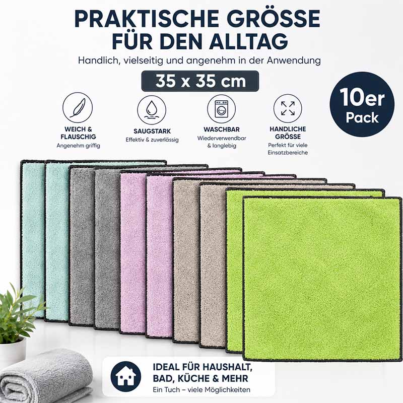 Mikrofasertuch Set antibakteriell 10tlg. bunt, ideal für Haushalt, Bad, Küche, saugfähig, waschbar, weich, flauschig, 35x35 cm, vielseitige Anwendung.