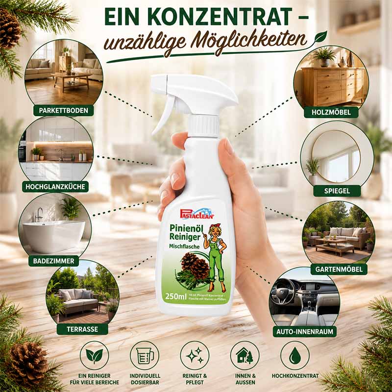 Pinienölreiniger Konzentrat 1000ml, ideal für Parkett, Holzmöbel, Hochglanzküche, Badezimmer, Spiegel, Gartenmöbel, Terrasse, Auto-Innenraum. Allzweckreiniger reinigt und pflegt innen und außen. Hochkonzentriert und individuell dosierbar.