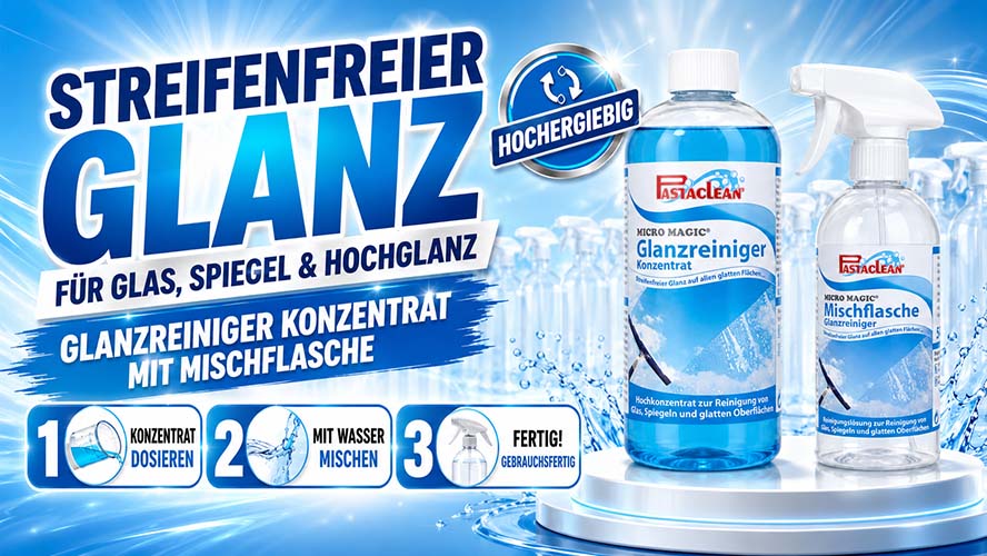 Pastaclean Micro Magic Glanzreiniger Konzentrat mit Mischflasche für streifenfreien Glanz auf Glas, Spiegeln und glatten Oberflächen, hochergiebige Formel zur einfachen Reinigung und Pflege.