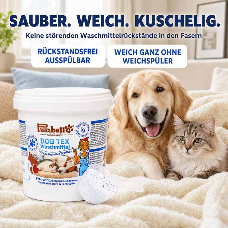 Pastaclean Dog Tex Spezialwaschmittel für Hunde- und Katzenbett, hypoallergen, 1 kg, entfernt Rückstände weichspülerfrei, ideal für empfindliche Heimtiertextilien, rückstandsfrei ausspülbar.