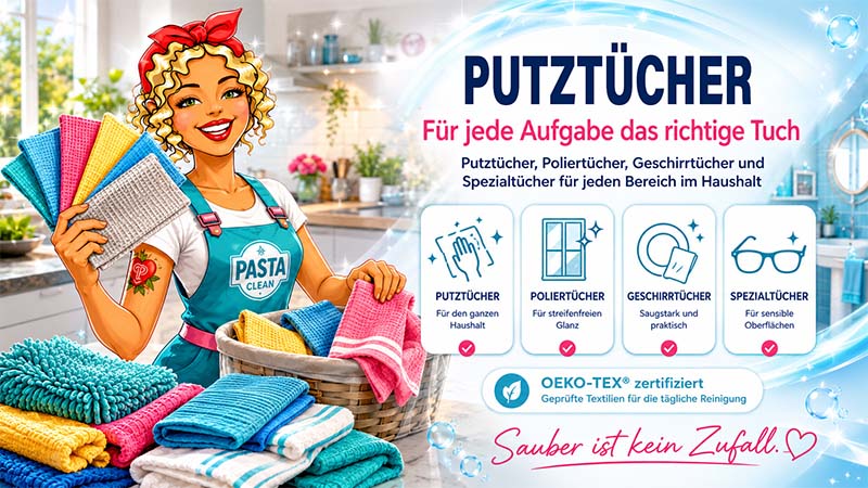 Pastaclean Putztücher set für Reinigung, Poliertücher für streifenfreien Glanz, Geschirrtücher saugstark, Spezialtücher für empfindliche Oberflächen, OEKO-TEX zertifiziert, ideal für Haushaltspflege.