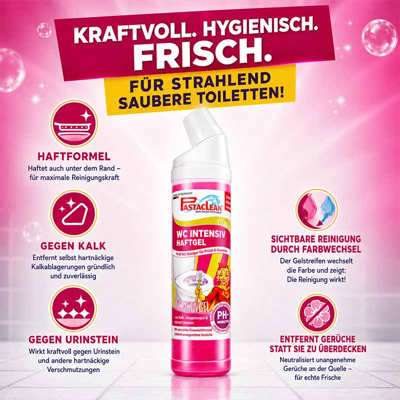 WC Reiniger stark gegen Urinstein und Kalk 2x 750 ml, intensiv haftendes Gel mit Farbwechsel-Aktiv-Formel, entfernt Gerüche, haftet unter dem Rand, beseitigt hartnäckige Ablagerungen, sorgt für saubere Toiletten, kraftvoll und hygienisch.