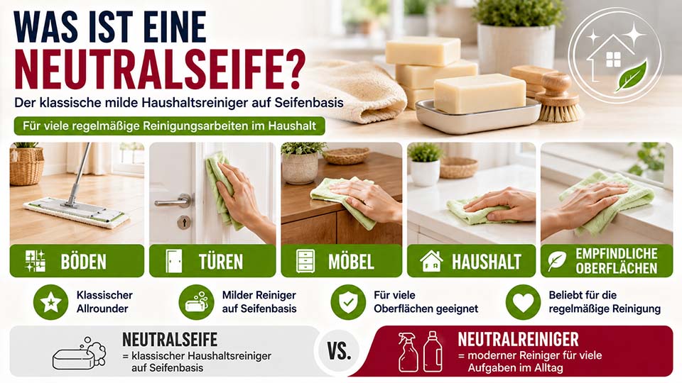 Was ist Neutralseife – Infografik zur Anwendung im Haushalt für Böden, Türen, Möbel und empfindliche Oberflächen