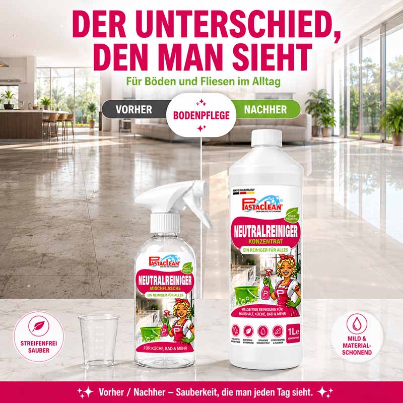 Pastaclean Neutralreiniger Konzentrat 1L für streifenfreie Reinigung in Küche, Bad, Böden und Fenster, mild und materialschonend, vielseitiger Allzweckreiniger für Haushalt und Oberflächenpflege.