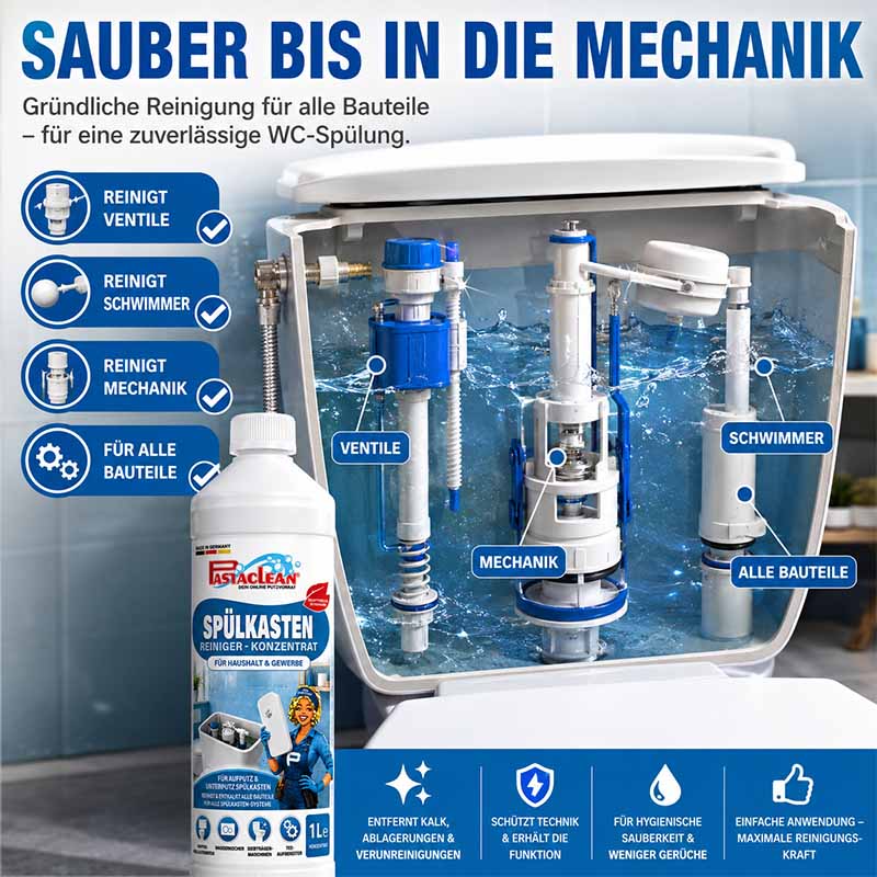 WC Spülkasten Reiniger Konzentrat 1 Liter, entfernt Kalk, Ablagerungen, Verunreinigungen, schützt Technik, erhält Funktion, reinigt Ventile, Schwimmer, Mechanik, für Aufputz- und Unterputzspülkästen, einfache Anwendung, hygienische Sauberkeit