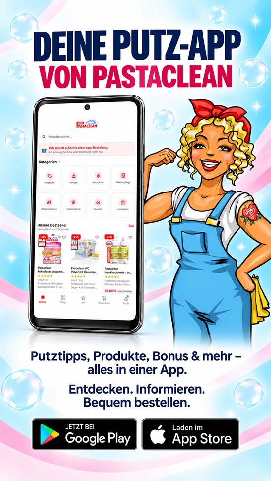 Pastaclean Putz-App für Reinigungstipps, Produkte und Bestellungen, verfügbar im Google Play Store und Apple App Store, ideal für Smartphone-Nutzer zur einfachen Hausreinigung und Produktbeschaffung.