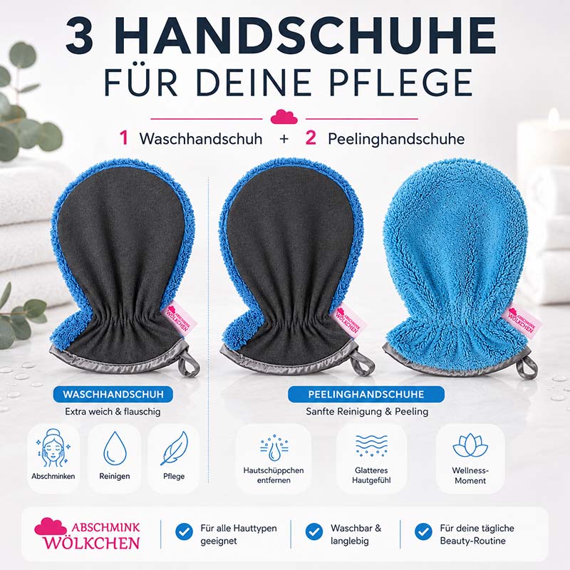Abschmink Wölkchen Peelinghandschuh & Waschhandschuh 3er Set, taubenblau, für Gesicht, Körper, Make-up Entfernung, Dusche, sanfte Reinigung und Peeling, geeignet für alle Hauttypen, waschbar und langlebig