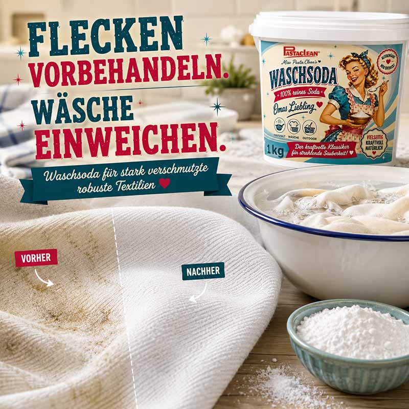 Pastaclean Waschsoda 1 kg reines Natriumcarbonat zur Vorbehandlung von Flecken und Einweichen von stark verschmutzten Textilien für Haushalt, Wäsche und Gartenpflege.