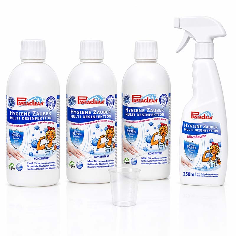 Pastaclean Flächendesinfektion Konzentrat Hygiene Zauber Desinfektionsmittel für Oberflächen mit Mischflasche, effektive Reinigung für Haushalte und Büros, vegan, 3x 500 ml, für verbesserte Hygiene und Schutz.