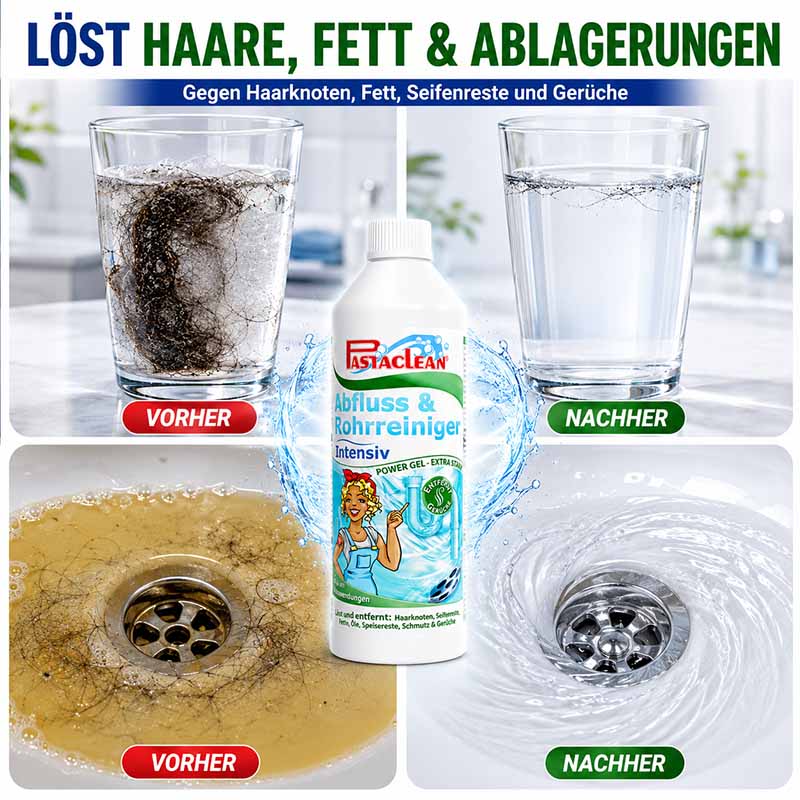 Pastaclean Intensiv Rohrreiniger 2x 750ml zur effektiven Entfernung von Haaren, Fett und Ablagerungen in Abfluss und Rohr, geeignet für Küche und Bad.