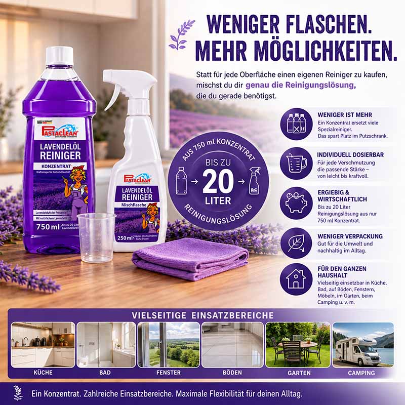Lavendelöl Reiniger Konzentrat und Mischflasche mit violettem Tuch, geeignet für Küche, Bad, Fenster, Böden, Garten, Camping. Bis zu 20 Liter Reinigungslösung aus 750 ml Konzentrat. Flexibel, wirtschaftlich, umweltfreundlich.
